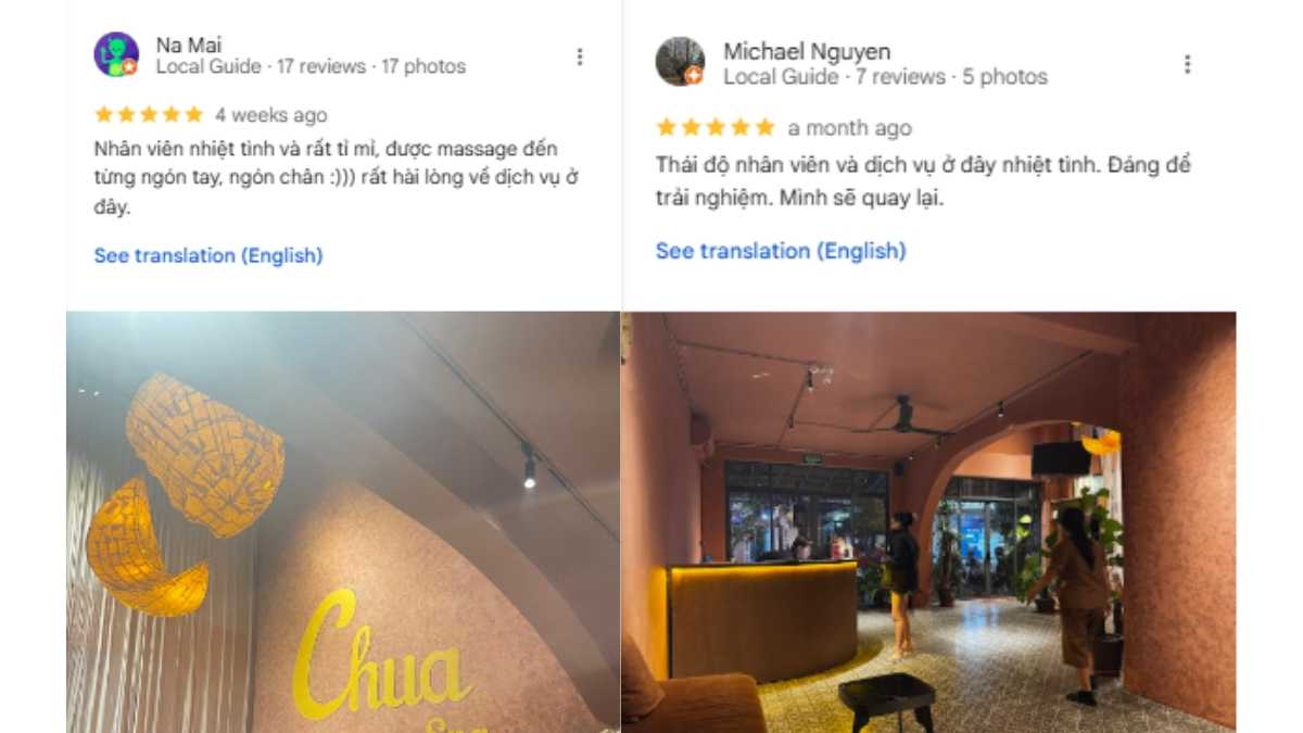 Đánh giá thực tế từ khách hàng trên google map của Chua Spa